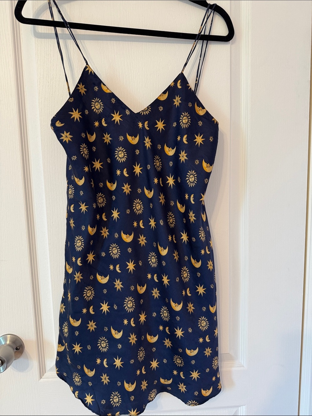 Navy Moon & Star Satin Slip Dress with Gold Print